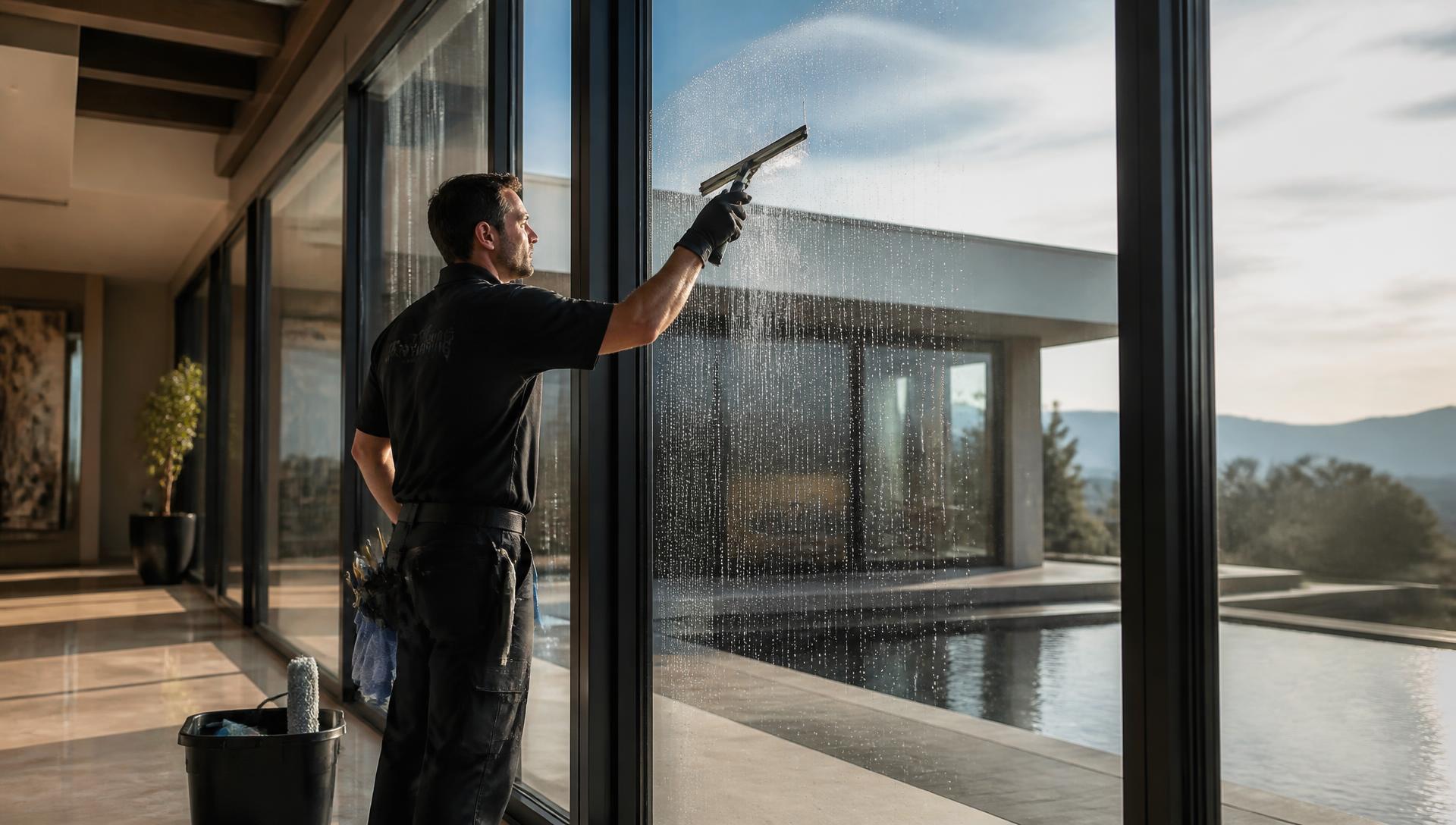 Professional cleaner squeegeeing a large glass window